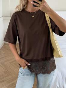 SHEIN EZwear 巧克力棕色蕾丝拼接针织女式T恤 - 巧克力棕 - 查看 2