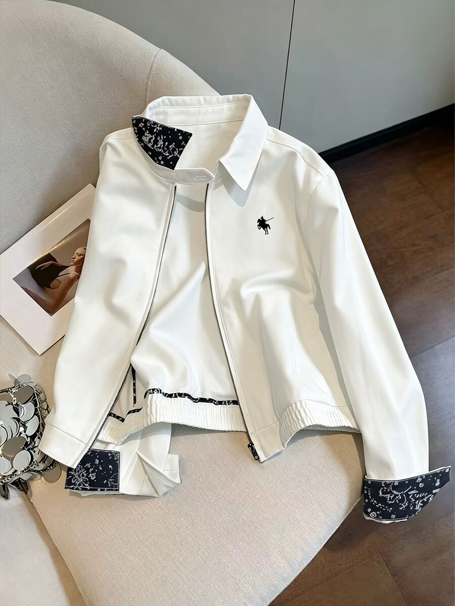 GlowEve Women's Fashion Rider Preppy Smart Casual Casual Classic Graphic Print Zip-Up Jacket Everyday School White And Black Autumn - White - View 1