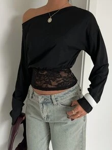 Aloruh 黑色蕾絲拼接上肩寬鬆上身緊身下擺長袖女式襯衫，秋冬新款外出上衣，女性秋季服飾，萬聖節 - 黑色 - 查看 6