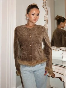 Allurite Jaket Tahan Dingin Wanita Musim Gugur/Dingin, Kerah Bulat, Bukaan Kancing Depan, Saku Samping, Desain Sambungan Bulu, Warna Cokelat Prancis Elegan untuk Kantor - Khaki - View 6