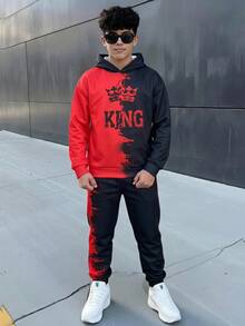 SHEIN 兒童青少年男孩休閒運動街頭風 紮染漸層圖案連帽衛衣長袖運動衫與長褲 2件套，適合通勤、上學、日常休閒、運動、旅行、街頭風格，秋冬季 - 紅色 - 查看 6
