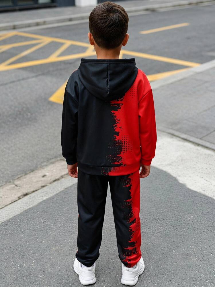 SHEIN Kids Tween Boy Casual Sports Street Tie-Dye Gradient Pattern Hoodie Pullover Long Sleeve Sweatshirt & Pants 2-Piece Set, Suitable For Commuting, School, Daily Casual, Sports, Travel, Street Style, Autumn/Winter - Red - View 7