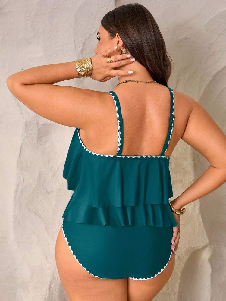 Swim Lushoire 2pcs/Set Plus Size Women Green Spaghetti Strap Double Ruffle Hem Top Paired With High Waist Pleated Hem Pants Vacation Beach Resort Wear, Summer - Teal Blue - View 2