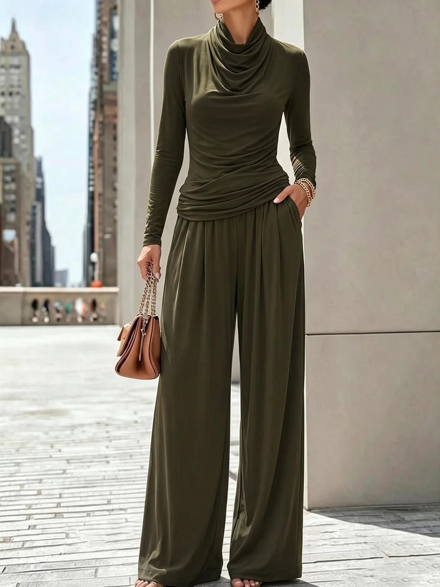 SHEIN Women's Elegant Cowl Neck Design 2 Pieces Set - Army Green - View 1