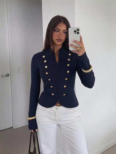 Siren Gaze Damkofta med nitar, smal passform, mångsidig för kontor och vardagsbruk, marinblå, elegant preppy, höst