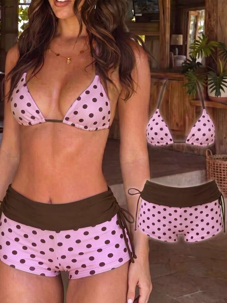 Bonvoyette Pink And Brown Polka Dot Two Pieces Bikini, Neck Strap, Conservative, Flat-Bottom Shorts, Hot Spring Vacation, Swimming Suit, Beach Vacation - Pink - View 1