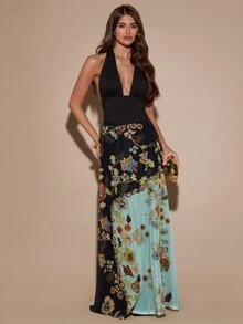 SHEIN BAE Green Floral Patchwork Ruched Draped Elegant French Maxi Dress Wedding Guest Evening Christmas - Multicolor - View 1