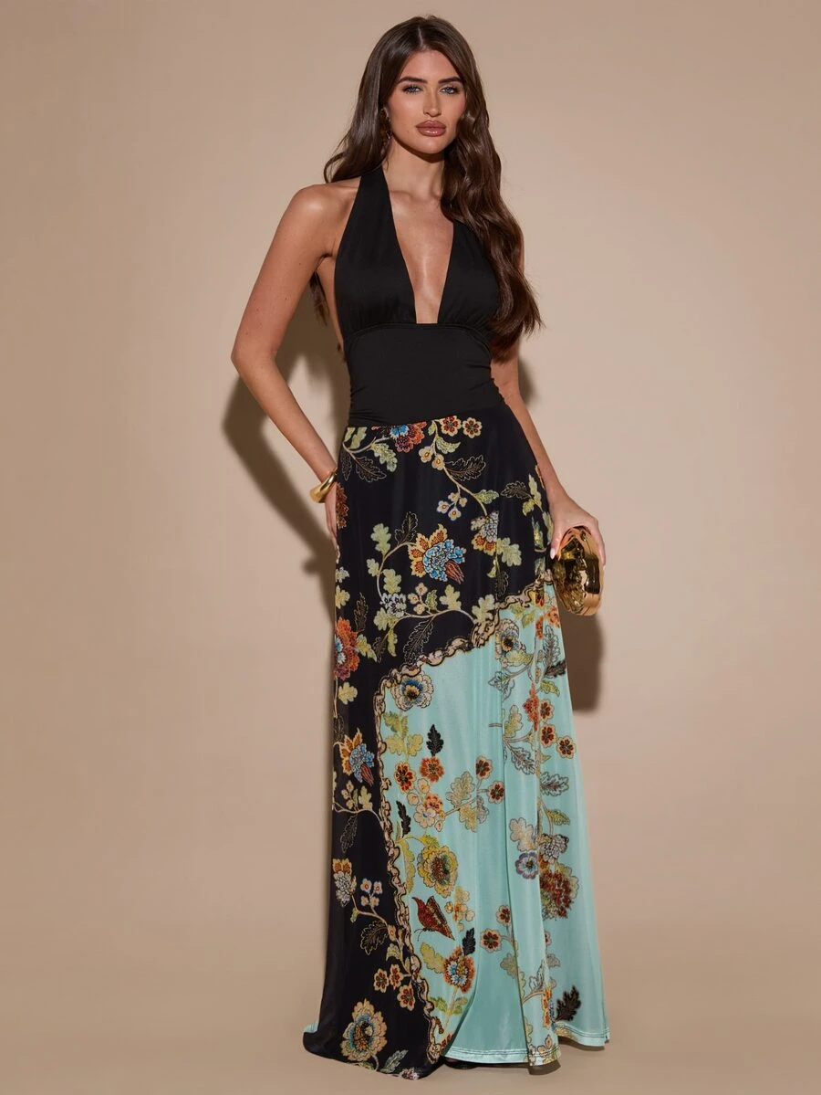 SHEIN BAE Green Floral Patchwork Ruched Draped Elegant French Maxi Dress Wedding Guest Evening Christmas - Multicolor - View 1