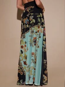 SHEIN BAE Green Floral Patchwork Ruched Draped Elegant French Maxi Dress Wedding Guest Evening Christmas - Multicolor - View 2