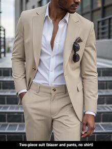 Manfinity Bizformal Men's Plus-Size Formal Khaki Two Pieces Suit, Regular Fit Long-Sleeve Blazer, Men's Brown Beige, Suitable For Casual And Ceremonial Occasions - Khaki - View 3