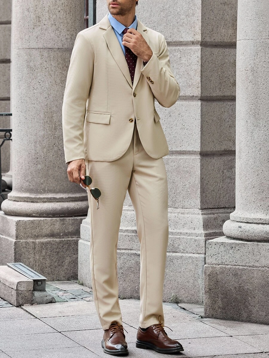 Manfinity Bizformal Men's Plus-Size Formal Khaki Two Pieces Suit, Regular Fit Long-Sleeve Blazer, Men's Brown Beige, Suitable For Casual And Ceremonial Occasions - Khaki - View 1