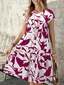 SHEIN LUNE Geometric Print Short Sleeve Round Neck Casual Mini Dress For Women, Spring/Summer - Hot Pink - View 5