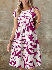 SHEIN LUNE Geometric Print Short Sleeve Round Neck Casual Mini Dress For Women, Spring/Summer - Hot Pink - View 6