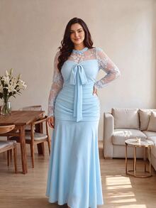 Modelyn French Design Lace Patchwork Bow Women's Long Dress Fall - Blue - View 5