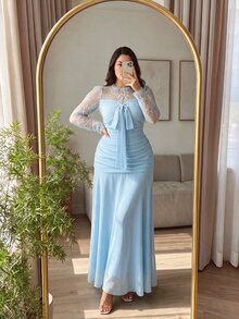 Modelyn French Design Lace Patchwork Bow Women's Long Dress Fall - Blue - View 7