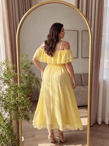 Cirelune Women's Elegant Yellow Chiffon Plus Size Summer Dress With Ruffle Hem, Square Neckline, 3D Floral Decor And Flowy Skirt - Yellow - View 2