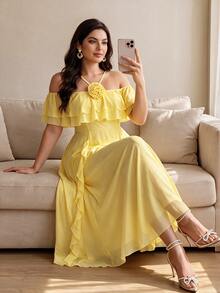 Cirelune Women's Elegant Yellow Chiffon Plus Size Summer Dress With Ruffle Hem, Square Neckline, 3D Floral Decor And Flowy Skirt - Yellow - View 1