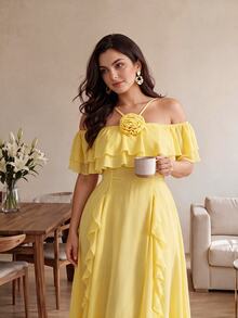 Cirelune Women's Elegant Yellow Chiffon Plus Size Summer Dress With Ruffle Hem, Square Neckline, 3D Floral Decor And Flowy Skirt - Yellow - View 3