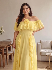 Cirelune Women's Elegant Yellow Chiffon Plus Size Summer Dress With Ruffle Hem, Square Neckline, 3D Floral Decor And Flowy Skirt - Yellow - View 4