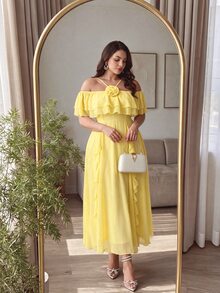 Cirelune Women's Elegant Yellow Chiffon Plus Size Summer Dress With Ruffle Hem, Square Neckline, 3D Floral Decor And Flowy Skirt - Yellow - View 5