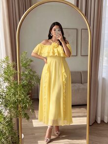 Cirelune Women's Elegant Yellow Chiffon Plus Size Summer Dress With Ruffle Hem, Square Neckline, 3D Floral Decor And Flowy Skirt - Yellow - View 6