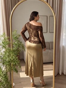 Modelyn Gaun Wanita Elegan dengan Leher Asimetris Gaya French Maillard 2 in 1, Hem Berkerut, Bodycon, Ukuran Plus, Lengan Panjang - MultiWarna - View 3