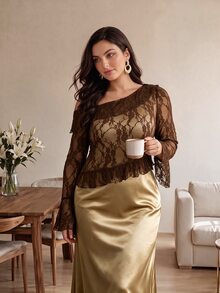 Modelyn Gaun Wanita Elegan dengan Leher Asimetris Gaya French Maillard 2 in 1, Hem Berkerut, Bodycon, Ukuran Plus, Lengan Panjang - MultiWarna - View 4