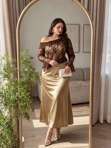 Modelyn Gaun Wanita Elegan dengan Leher Asimetris Gaya French Maillard 2 in 1, Hem Berkerut, Bodycon, Ukuran Plus, Lengan Panjang - MultiWarna - View 6