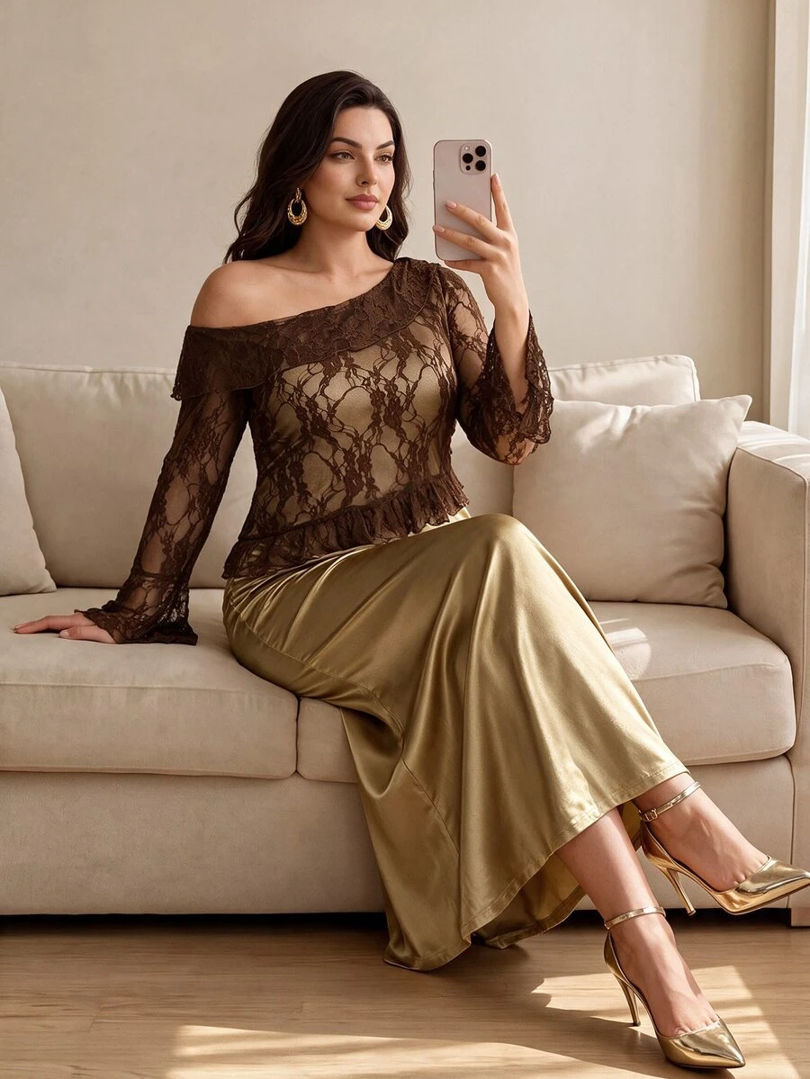 Modelyn Gaun Wanita Elegan dengan Leher Asimetris Gaya French Maillard 2 in 1, Hem Berkerut, Bodycon, Ukuran Plus, Lengan Panjang