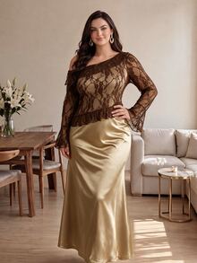 Modelyn Gaun Wanita Elegan dengan Leher Asimetris Gaya French Maillard 2 in 1, Hem Berkerut, Bodycon, Ukuran Plus, Lengan Panjang - MultiWarna - View 5