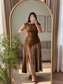 Modelyn Plus Size Elegant Vintage Asymmetric Neck Textured Patchwork Dress - Coffee Brown - View 5