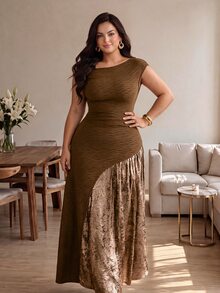 Modelyn Plus Size Elegant Vintage Asymmetric Neck Textured Patchwork Dress - Coffee Brown - View 4