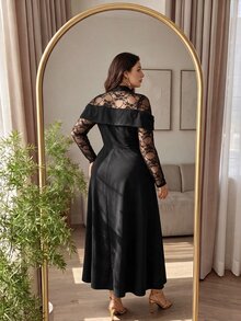 Modelyn Women's Lace Patchwork Waist-Cinching A-Line Elegant Party Romantic Plus Size Dress - Black - View 2