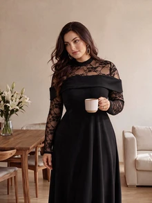 Modelyn Women's Lace Patchwork Waist-Cinching A-Line Elegant Party Romantic Plus Size Dress - Black - View 5