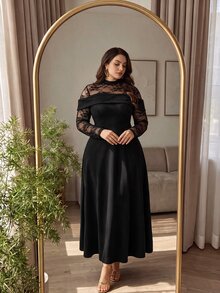 Modelyn Women's Lace Patchwork Waist-Cinching A-Line Elegant Party Romantic Plus Size Dress - Black - View 4