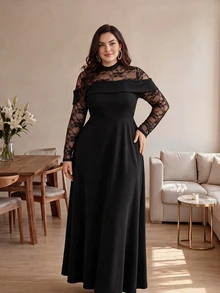 Modelyn Women's Lace Patchwork Waist-Cinching A-Line Elegant Party Romantic Plus Size Dress - Black - View 6