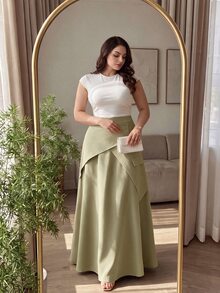 Modelyn Rok Minimalis Warna Polos Model A-Line untuk Pakaian Kerja, Ukuran Reguler Musim Semi/Gugur, Ukuran Plus - Khaki - View 5