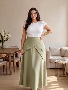 Modelyn Rok Minimalis Warna Polos Model A-Line untuk Pakaian Kerja, Ukuran Reguler Musim Semi/Gugur, Ukuran Plus - Khaki - View 4