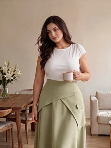 Modelyn Rok Minimalis Warna Polos Model A-Line untuk Pakaian Kerja, Ukuran Reguler Musim Semi/Gugur, Ukuran Plus - Khaki - View 3