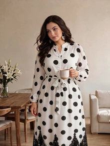 Modelyn Gaun Pesta Kasual Wanita Ukuran Besar Motif Polkadot dengan Hiasan Renda - Putih - View 3