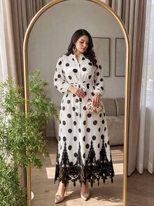 Modelyn Gaun Pesta Kasual Wanita Ukuran Besar Motif Polkadot dengan Hiasan Renda - Putih - View 6