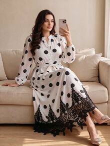 Modelyn Gaun Pesta Kasual Wanita Ukuran Besar Motif Polkadot dengan Hiasan Renda - Putih - View 1