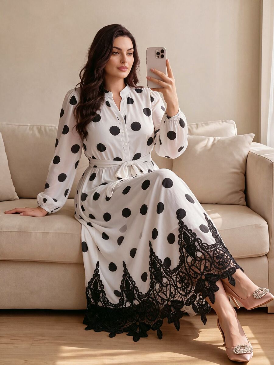 Modelyn Gaun Pesta Kasual Wanita Ukuran Besar Motif Polkadot dengan Hiasan Renda - Putih - View 1