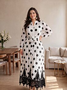 Modelyn Gaun Pesta Kasual Wanita Ukuran Besar Motif Polkadot dengan Hiasan Renda - Putih - View 4