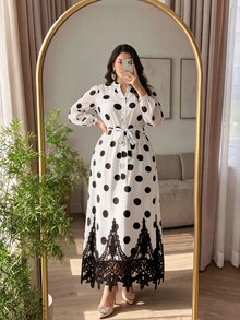 Modelyn Gaun Pesta Kasual Wanita Ukuran Besar Motif Polkadot dengan Hiasan Renda - Putih - View 5