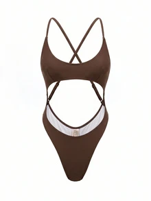 Bonvoyette Women's Solid Color Backless One-Piece Swimsuit For Vacation And Beach - Olive Green - View 5