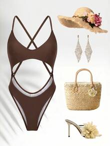 Bonvoyette Women's Solid Color Backless One-Piece Swimsuit For Vacation And Beach - Olive Green - View 7
