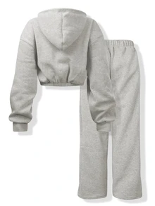 INAWLY 2pcs Women Casual Dropped Shoulder Long Sleeve Zipper Hooded Sweatshirt And Sweatpants Set For Autumn/Winter Fall Cloth For Women - Light Grey - View 2