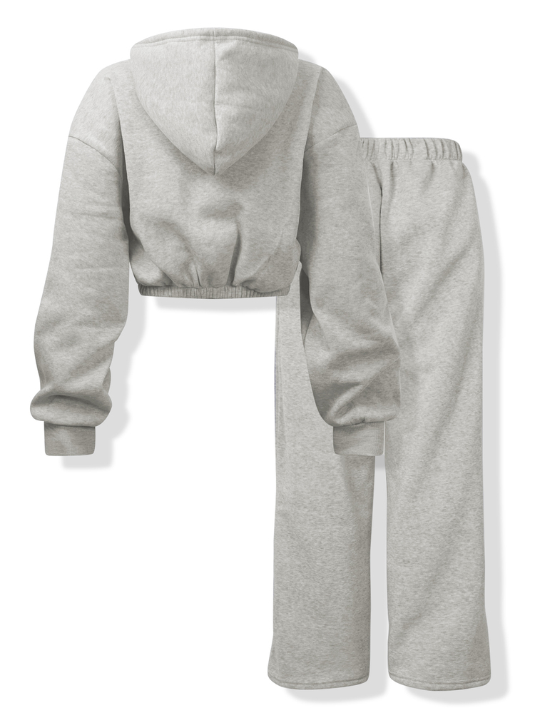 INAWLY 2pcs Women Casual Dropped Shoulder Long Sleeve Zipper Hooded Sweatshirt And Sweatpants Set For Autumn/Winter Fall Cloth For Women - Light Grey - View 2