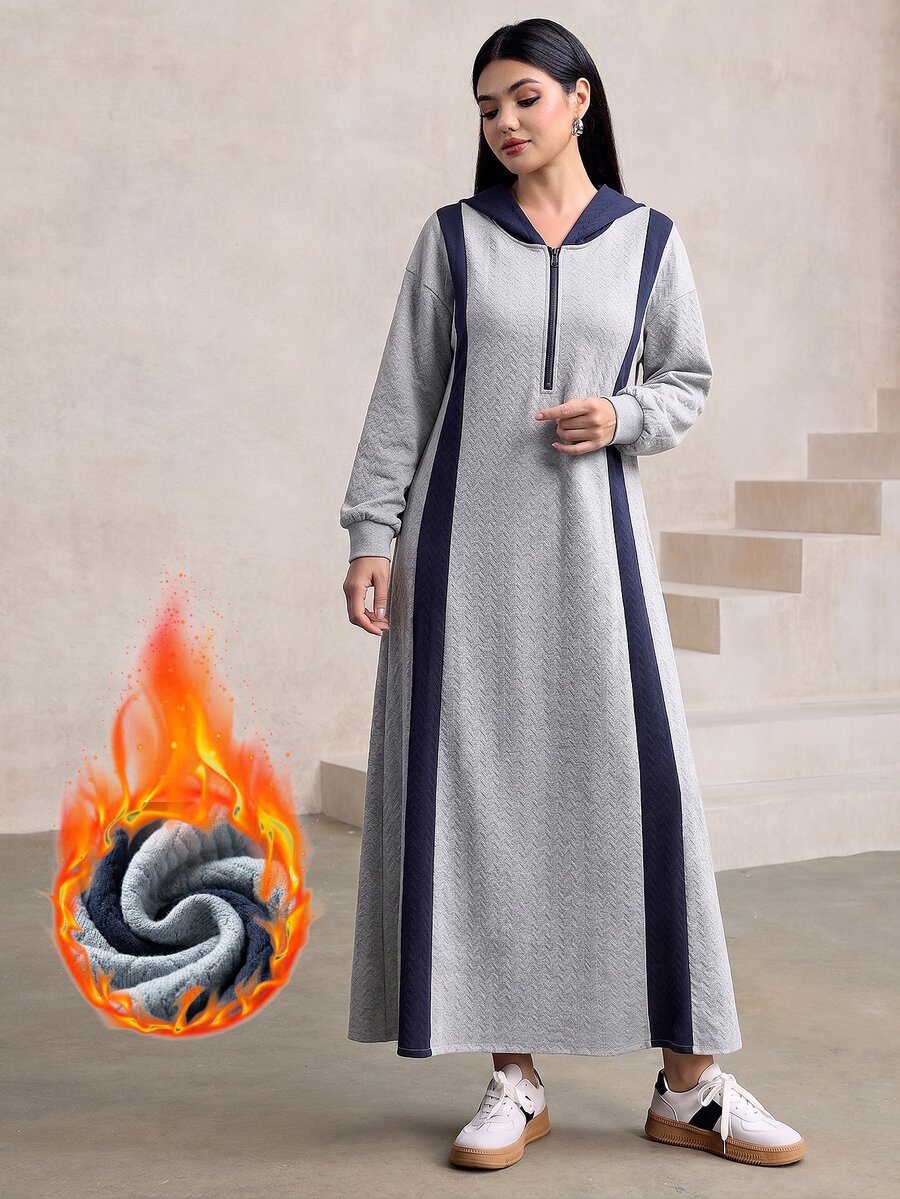Graceveil Contrast Panel Hooded Dress - Grey - View 1